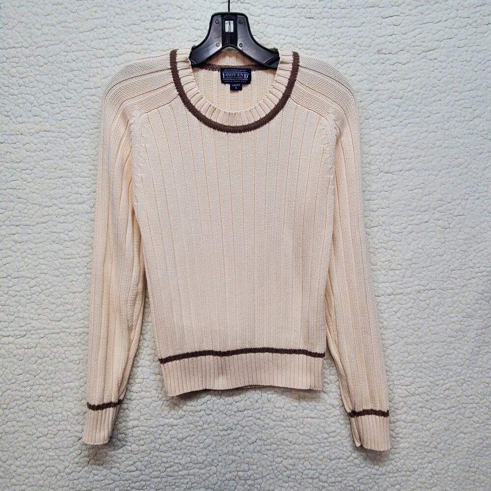 Lands End Sweater Womens S Beige Vintage 90s Heavy Cotton Crewneck Pullover Knit